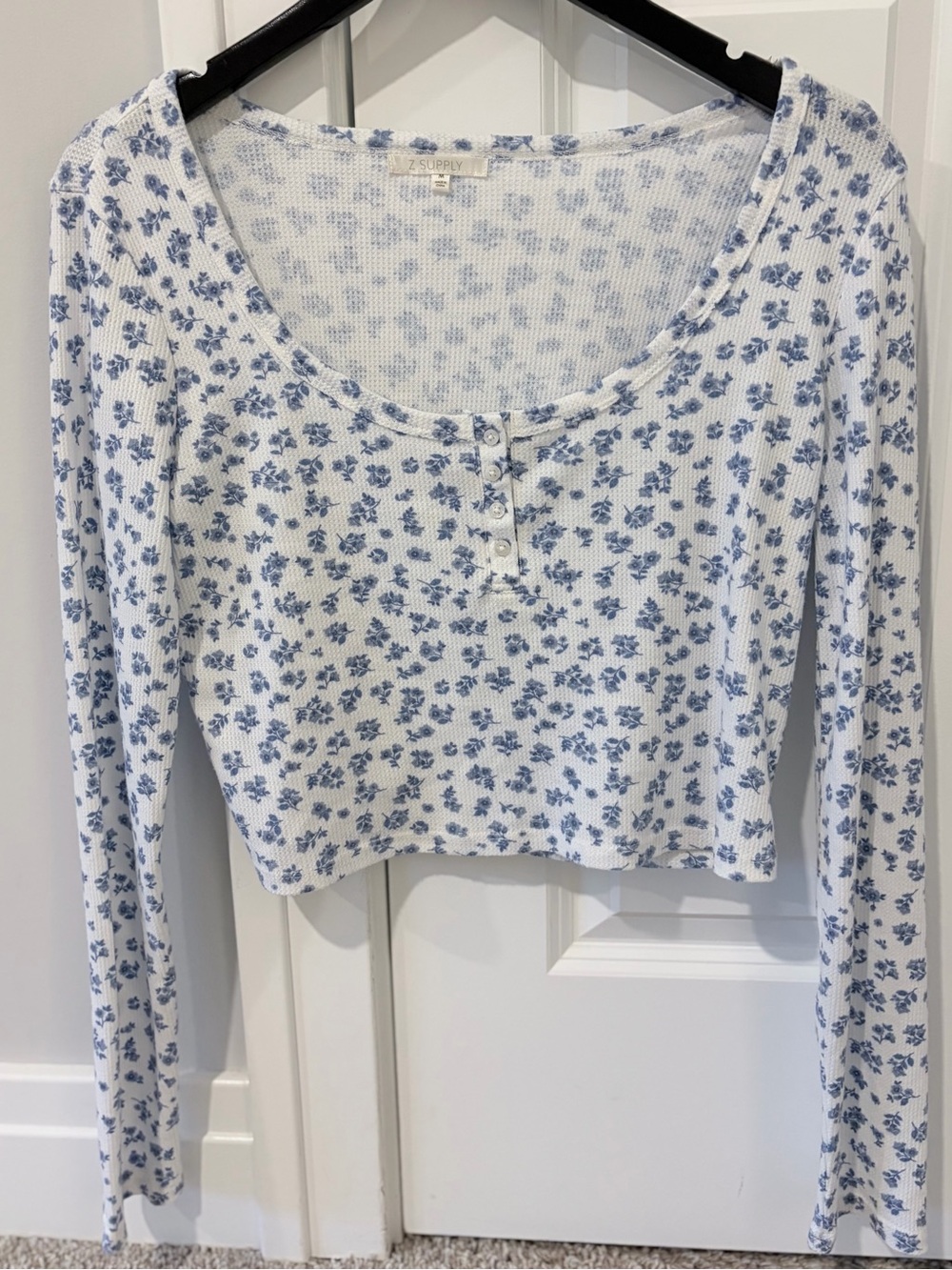 Z Supply White Cropped Long Sleeve Henley with Blue Floral Print